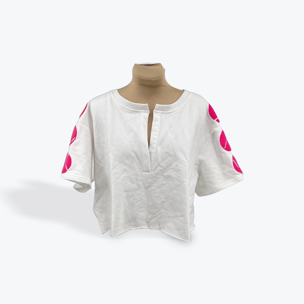 White Cropped Sweatshirt Neon Pink Tennis‎ Ball Graphic Short Sleeve V Neck